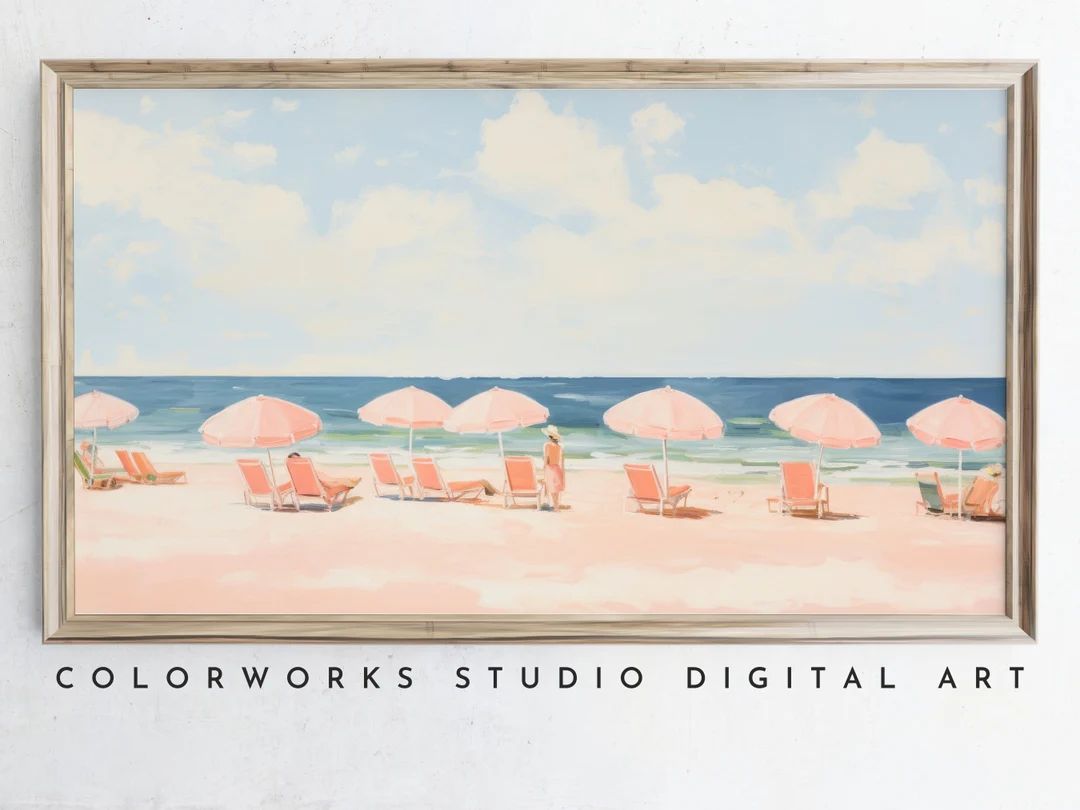 Samsung Frame TV Art - Sunny Beach with Pink Umbrellas, Tranquil Summer Contemporary Artwork, Coa... | Etsy (US)