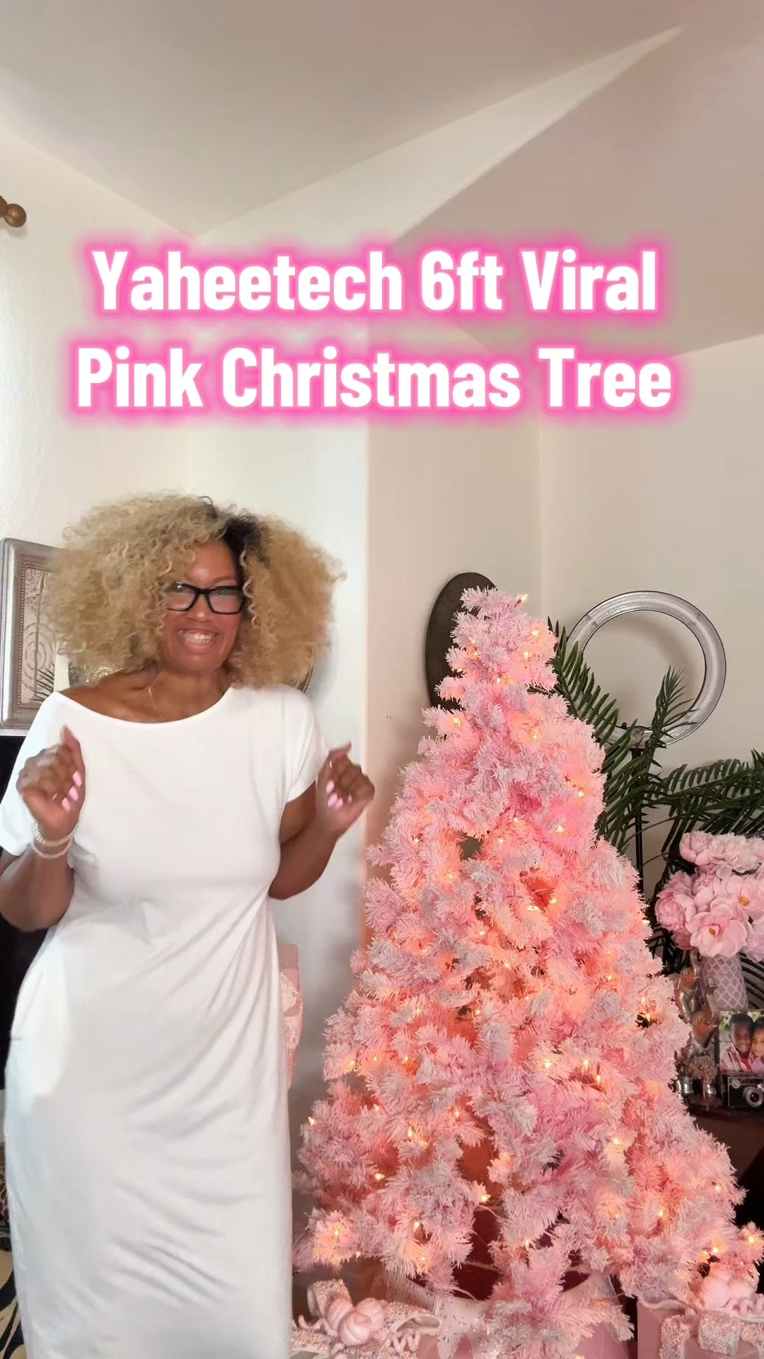 Yaheetech viral pink Christmas tree. This tree is 6 feet tall it comes pre-lit fluffy with with snow, warm lighting. 

#LTKHome #LTKOver40 #LTKSeasonal
