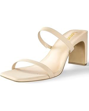 Leevar Square Toe Heels Sandals - White Black Nude Heels Chunky Two Strap Low Heels for Women Lea... | Amazon (US)