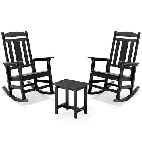 LUE BONA Outdoor Rocking Chairs Set, 3-Piece, HDPS Poly Porch Rockers with Table, Plastic Weather Resistant Rocking Chair Set for Outdoor Indoor, Garden, Backyard, 350lb, Black Chairs+Table | Amazon (US)