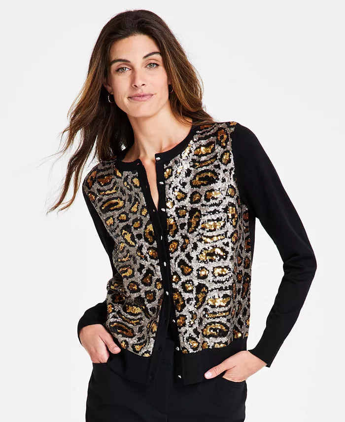 Women's Leopard Sequin Party Cardigan Sweater, Created for Macy's | Macy's