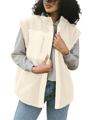Wefebi Women Fuzzy Vest Fleece Sherpa Jackets Sleeveless Button Down Outwear with Pockets(0262-Beige-S) | Amazon (US)