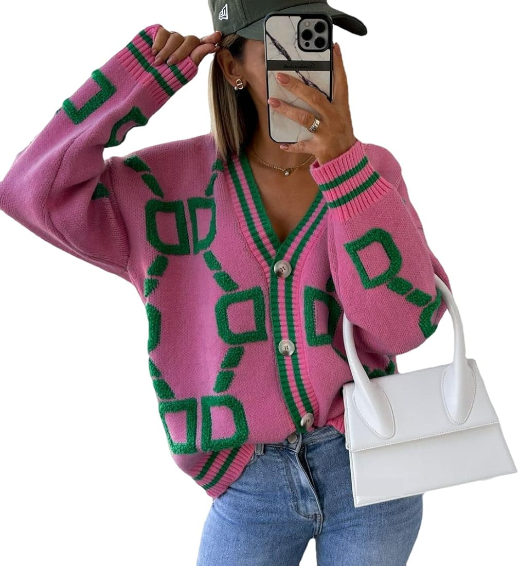 Women's Sweater Cardigan Oversized Button Down Long Sleeve Geometric Loose Knit Outerwear Plus Si... | Amazon (US)