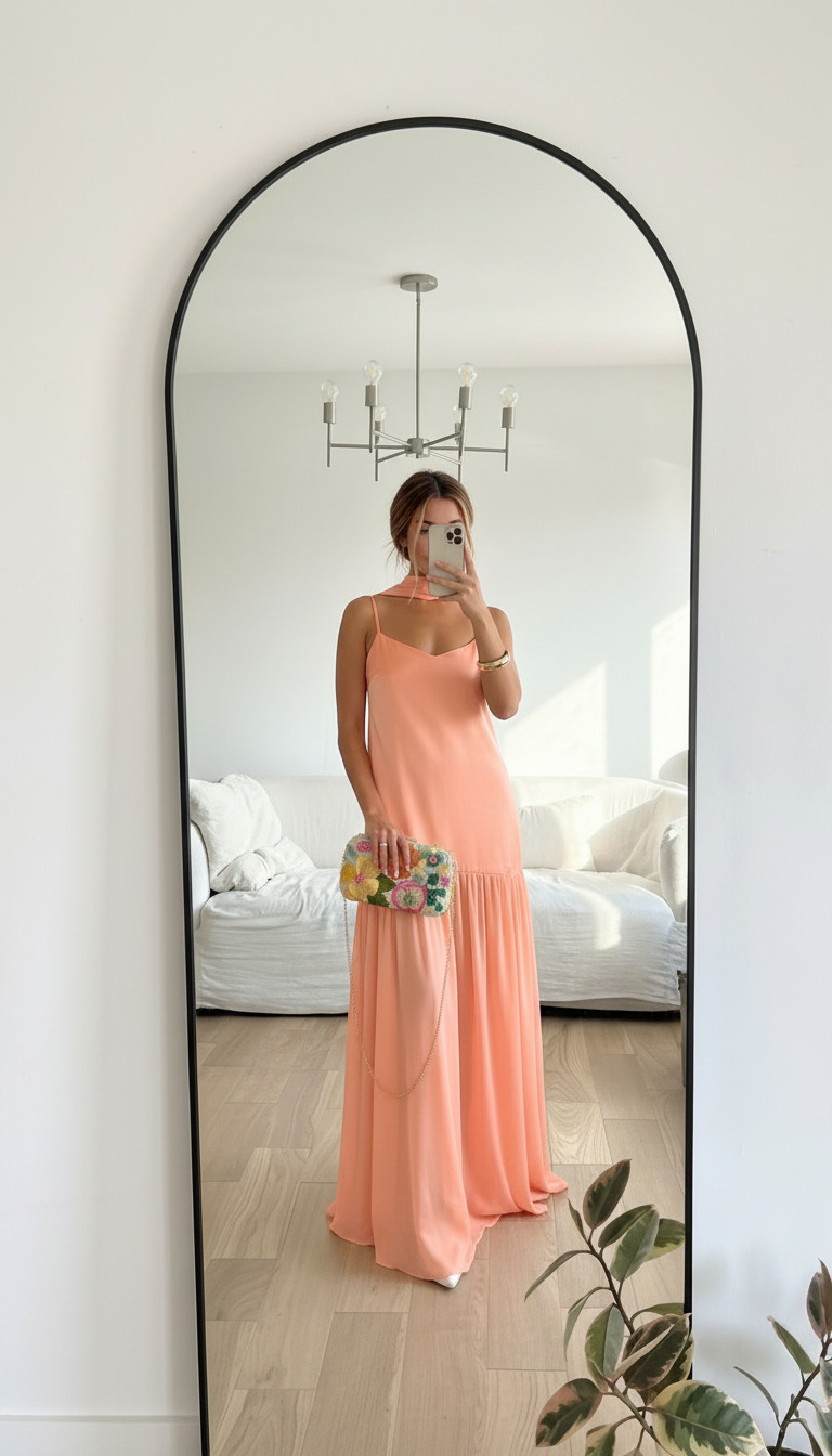 Such a stunning spring wedding guest dress 🍑

This coral maxi is perfect for beach weddings, spring ceremonies, and outdoor wedding guest outfits. Paired with a beautiful, multicolored beaded clutch. 

 #LTKootd #LTKWedding