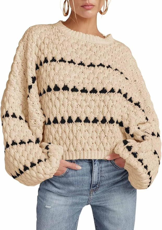 Saodimallsu Womens Oversized Sweaters Striped Long Lantern Sleeve Crew Neck Fall Trendy Knit Pull... | Amazon (US)