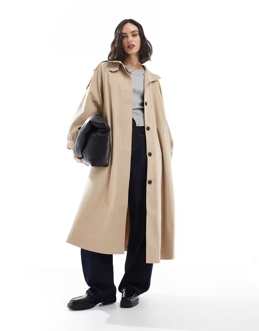 ASOS DESIGN funnel neck longline trench coat in stone-Neutral | ASOS (Global)