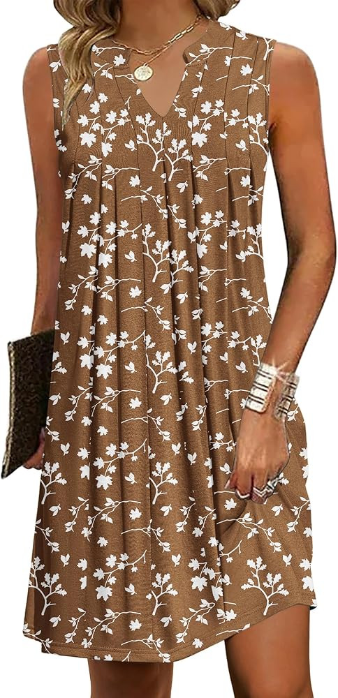 HOTOUCH Women Casual A-Line Dress with Pockets 2024 Sleeveless V Neck Pleated Sundress Loose T-Sh... | Amazon (US)