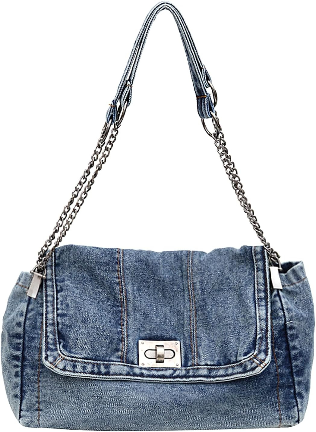 Large Denim Purses for Women Denim Tote Bag Casual Retro Crossbody Lightweight Shoulder Bag Canvas Handbags | Amazon (US)
