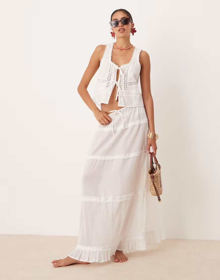ASOS DESIGN crinkle ruffle maxi beach skirt in white | ASOS (Global)