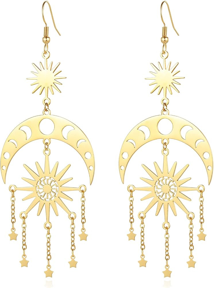 Sun and Moon Star Chandelier Earrings for Women Dangle Dangly Earrings Phase Crescent Drop Dangli... | Amazon (US)