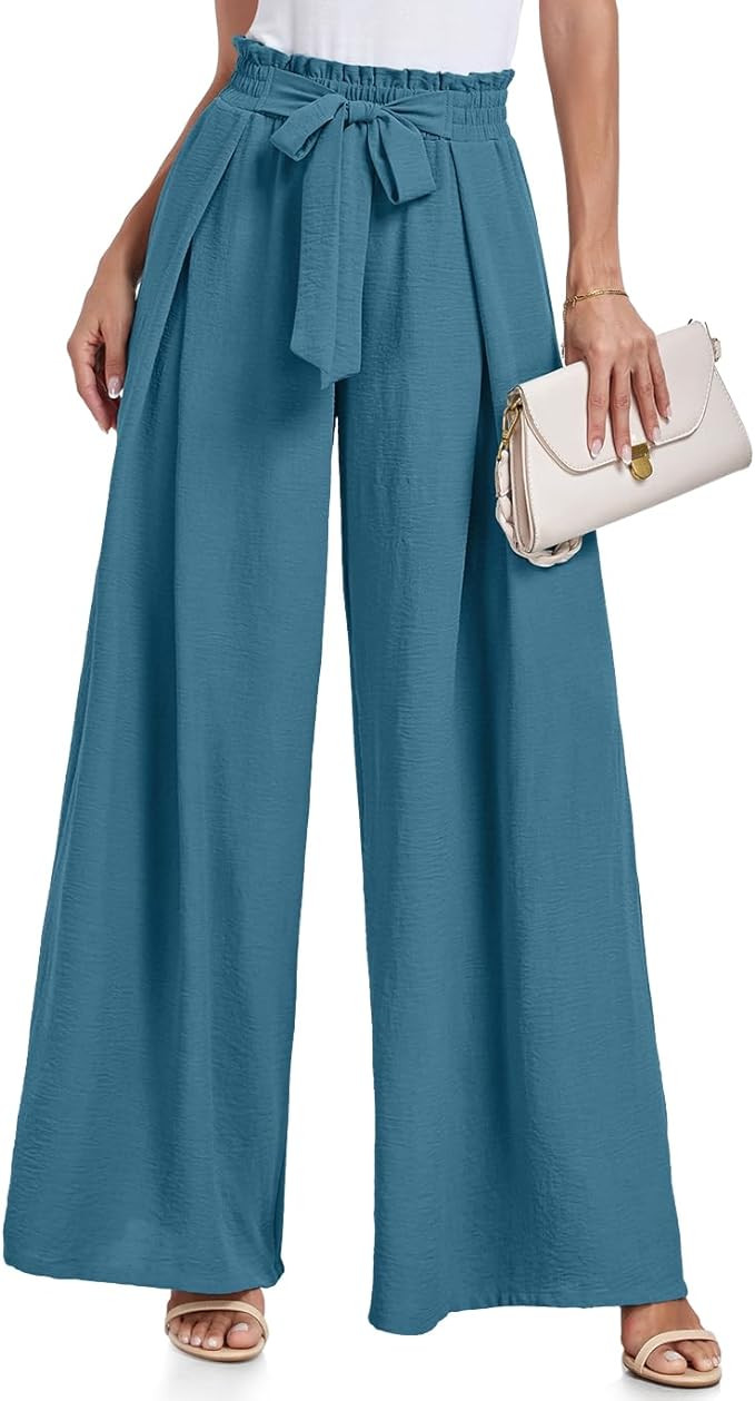 Wide Leg Pants for Women High Waisted Palazzo Pants Work Casual Flowy Tie Knot Trousers with Pock... | Amazon (US)