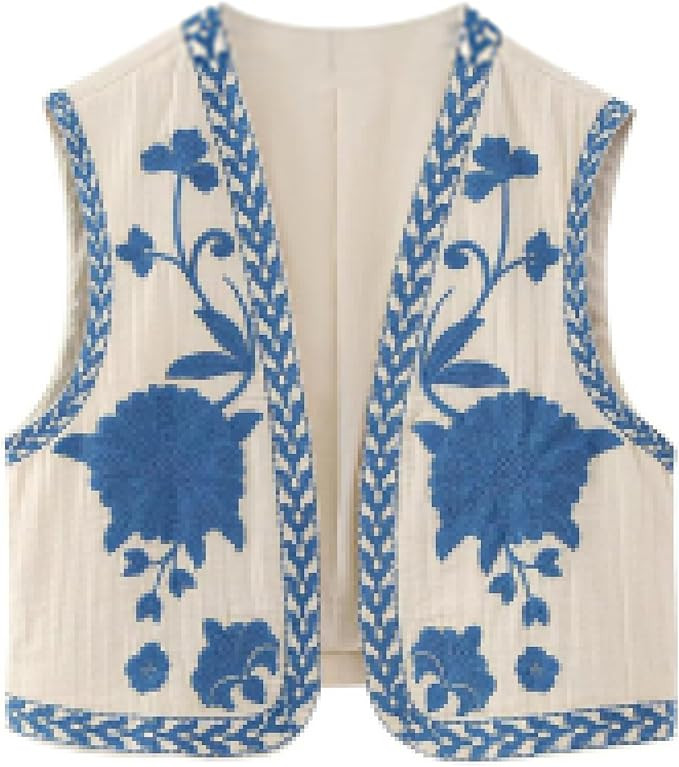 Meihuida Women Embroidered Vest Top Y2k Vintage Open Front Floral Boho Cropped Waistcoat | Amazon (US)