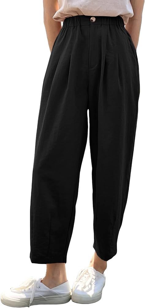 Milumia Women's Casual High Waist Tapered Pants Pleated Cropped Trousers with Pockets | Amazon (US)