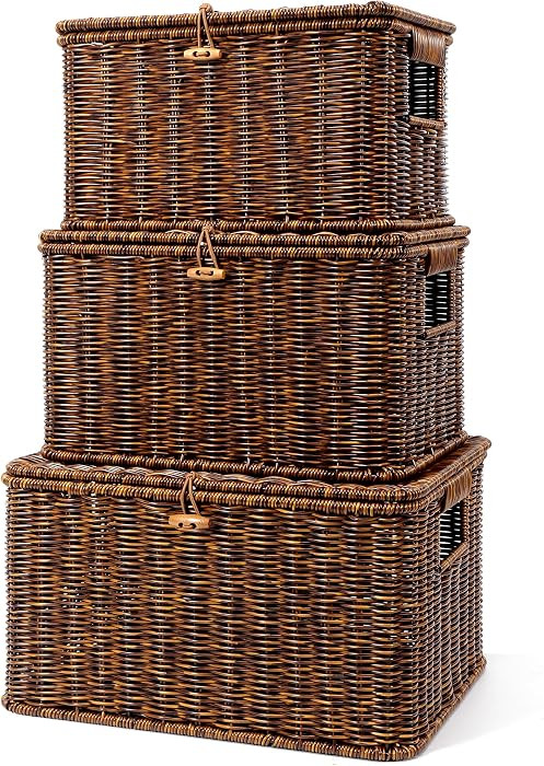 Nonam Large wicker storage basket with lid\uff0c Stackable Plastic Bin, Brown | Amazon (US)