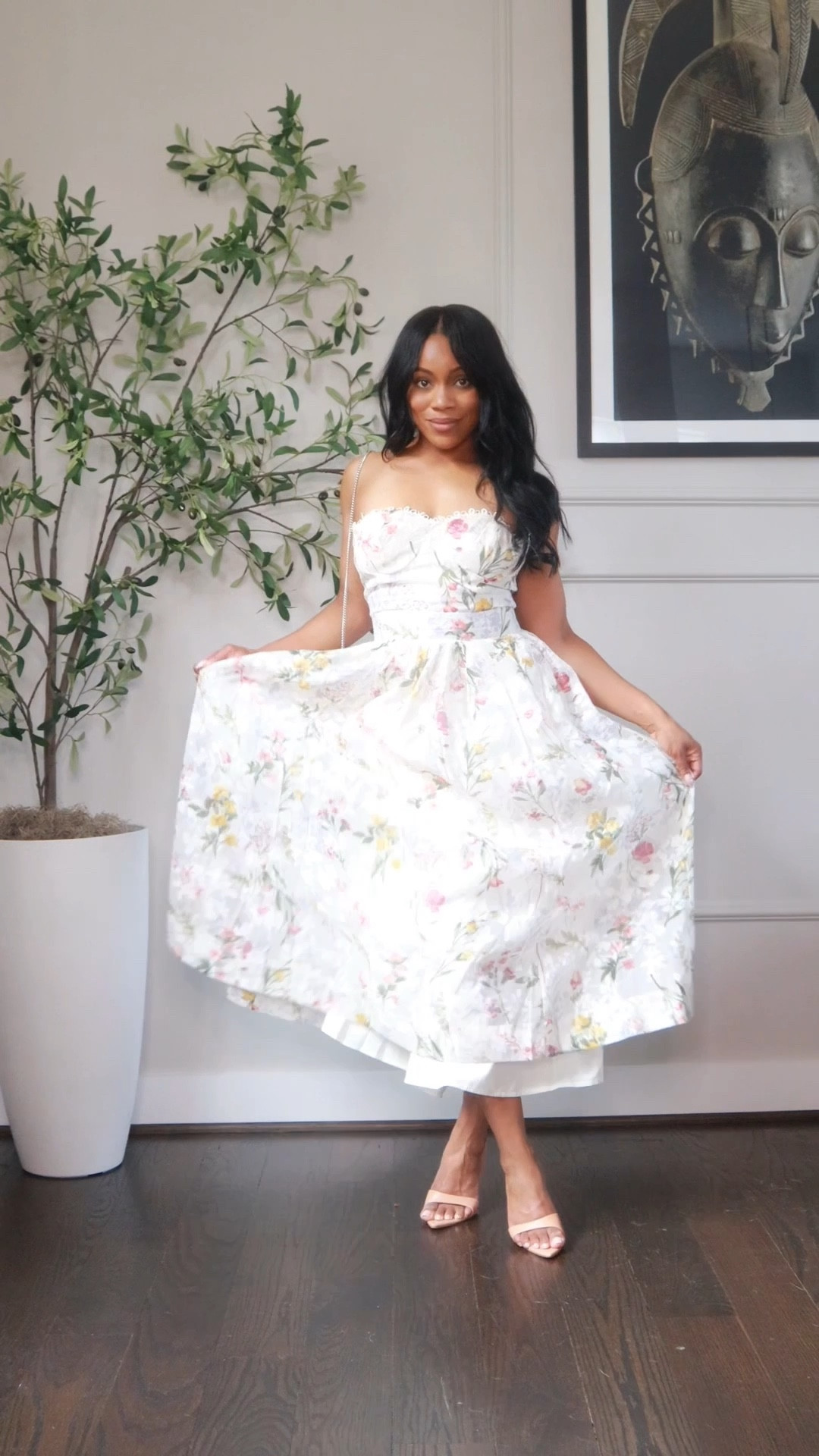 Ophelia Strapless Floral
 Midi Dress - Taupe/combo

VIP Attitude Heeled 
Mules - Nude

#LTKWedding #LTKSeasonal #LTKPetite