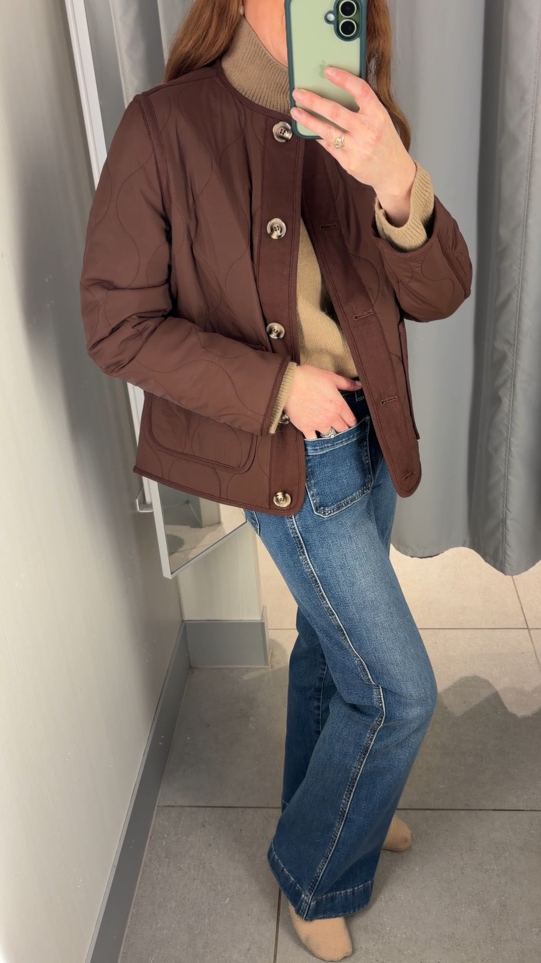 New in H&M 🤎 Flared front pocket jeans styled with a tan turtleneck jumper and a chocolate brown quilted jacket for the perfect winter to spring transitional outfit. Finished with brown ankle boots ✨ Wearing a size small in the jacket 🍫 chocolate brown outfit

#LTKspring #LTKjeans #LTKuk