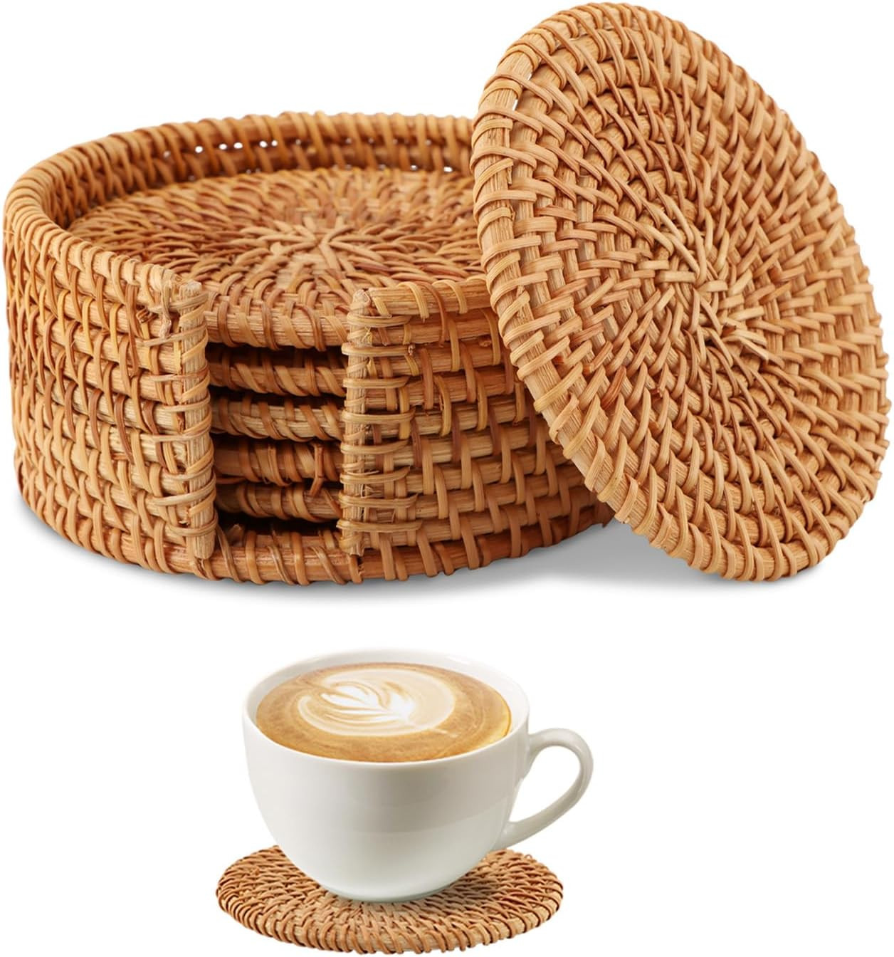 6pcs Natural Handmade Rattan Coasters with Holder, Wicker Boho Woven Coasters, Heat-Resistant Drink Coaster Round Rattan Coaster for Protecting Table, Housewarming Present Boho Home Decor | Amazon (US)