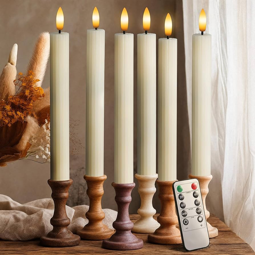 6 Pack, 10" LED Flameless Ivory Fluted Ribbed Grooved Taper Candles, Remote & 24h Timer Memory, O... | Amazon (US)