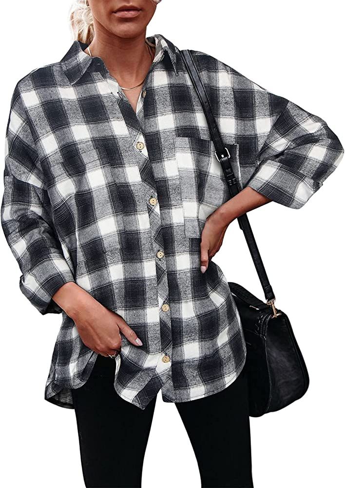 PINKMARCO Women Collar Neck Long Sleeve Oversized Flannel Plaid Shirts Casual Blouse Tops with Pocke | Amazon (US)