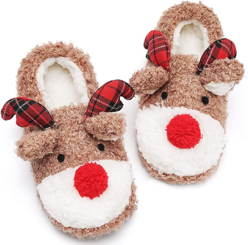 ASHION Women's Cute Fuzzy Reindeer House Slippers Stuffed Animal Bedroom Slippers Cozy Christmas ... | Amazon (US)