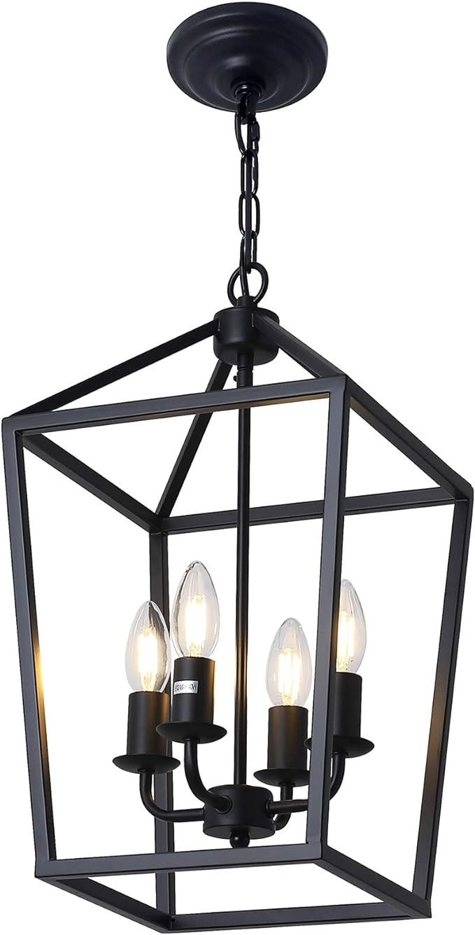 4-Light Black Farmhouse Chandelier Iron Lantern Pendant Light Rustic Cage Hanging Light Fixtures ... | Amazon (US)