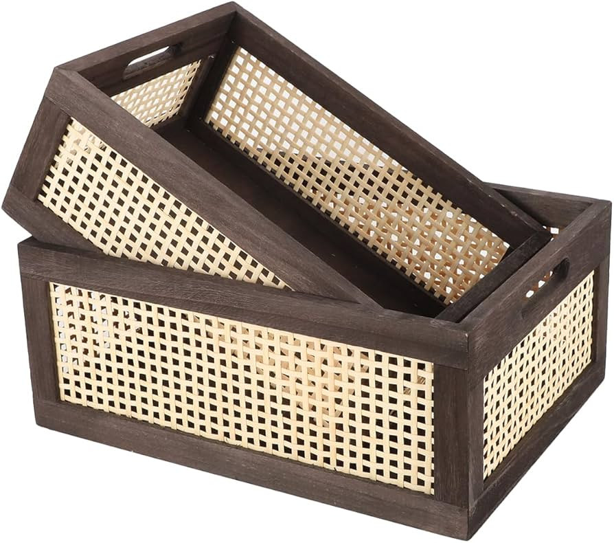 Desktop Storage Basket, Sundry Office Drawer Storage Box, Wood Frame Storage Basket. (Brown-Set2) | Amazon (US)