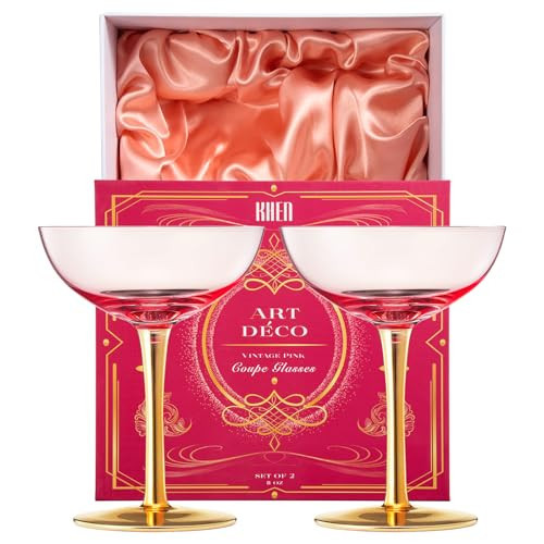 The Wine Savant Colored Coupe Art Deco Glasses, Gold | Set of 4 | 12 oz Classic Cocktail Glassware for Champagne, Manhattan, Sidecar, Crystal Speakeasy Style Goblets - Pink Rose Blush | Amazon (US)