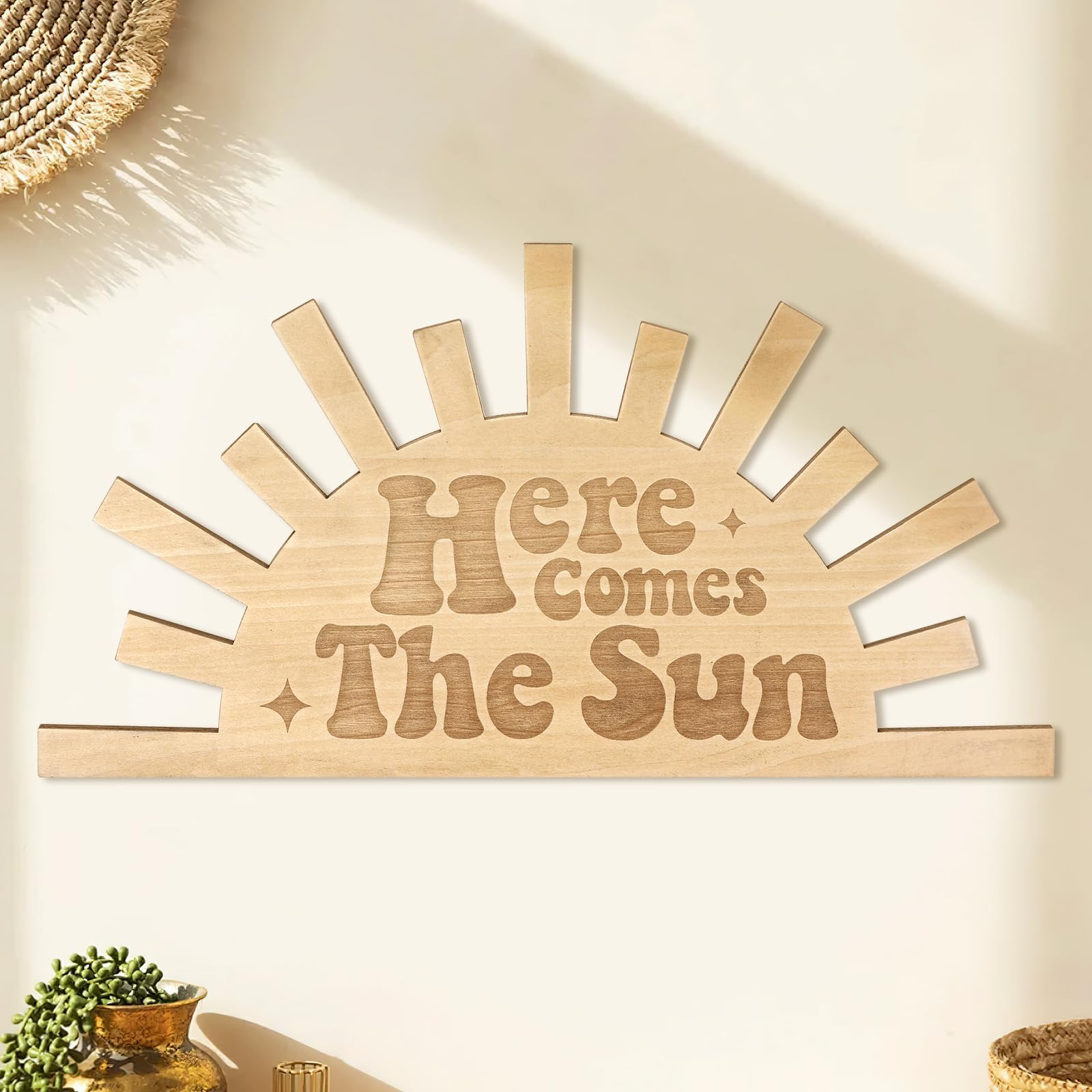 Here Comes The Sun Wooden Wall Sign Boho Nursery Room Decoration Sunshine Laser Cutting Engraved ... | Amazon (US)