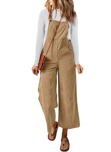Happy Sailed Womens Corduroy Overalls Winter Fall Casual Adjustable Straps Sleeveless Jumpsuits Wide Leg Pants Outfits with Pockets Khaki X-Large | Amazon (US)