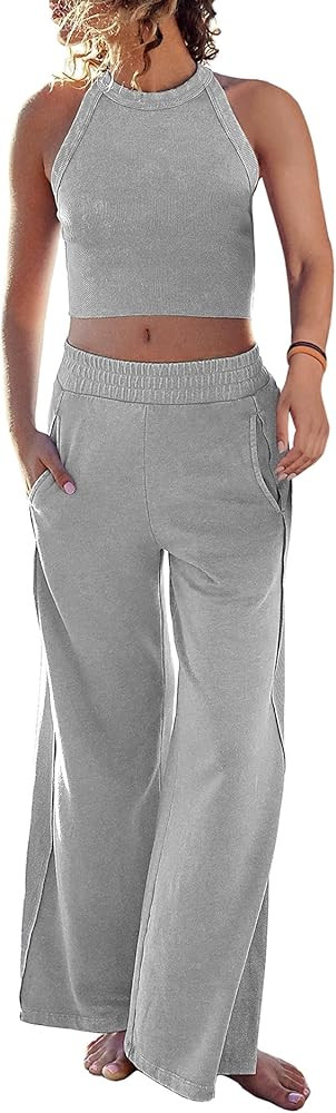 Ugerlov Women's Two Piece Summer Sets Ribbed Tank Crop Top Wide Leg Pants 2 Piece Outfits Matchin... | Amazon (US)