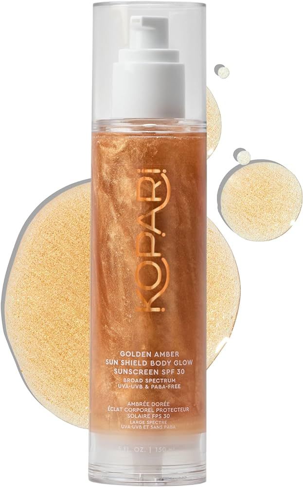Kopari Sun Shield Body Glow - SPF 30 UV Protection Sunscreen Golden Amber Shimmer Mica - Sweat Re... | Amazon (US)