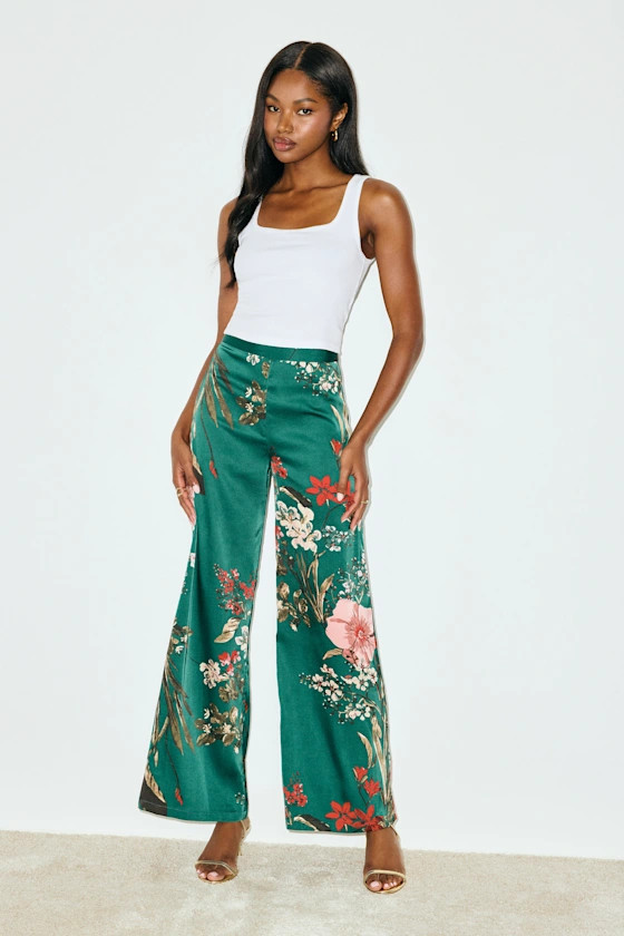 Thriving Vibes Green Floral Print Satin Wide-Leg Pants | Lulus