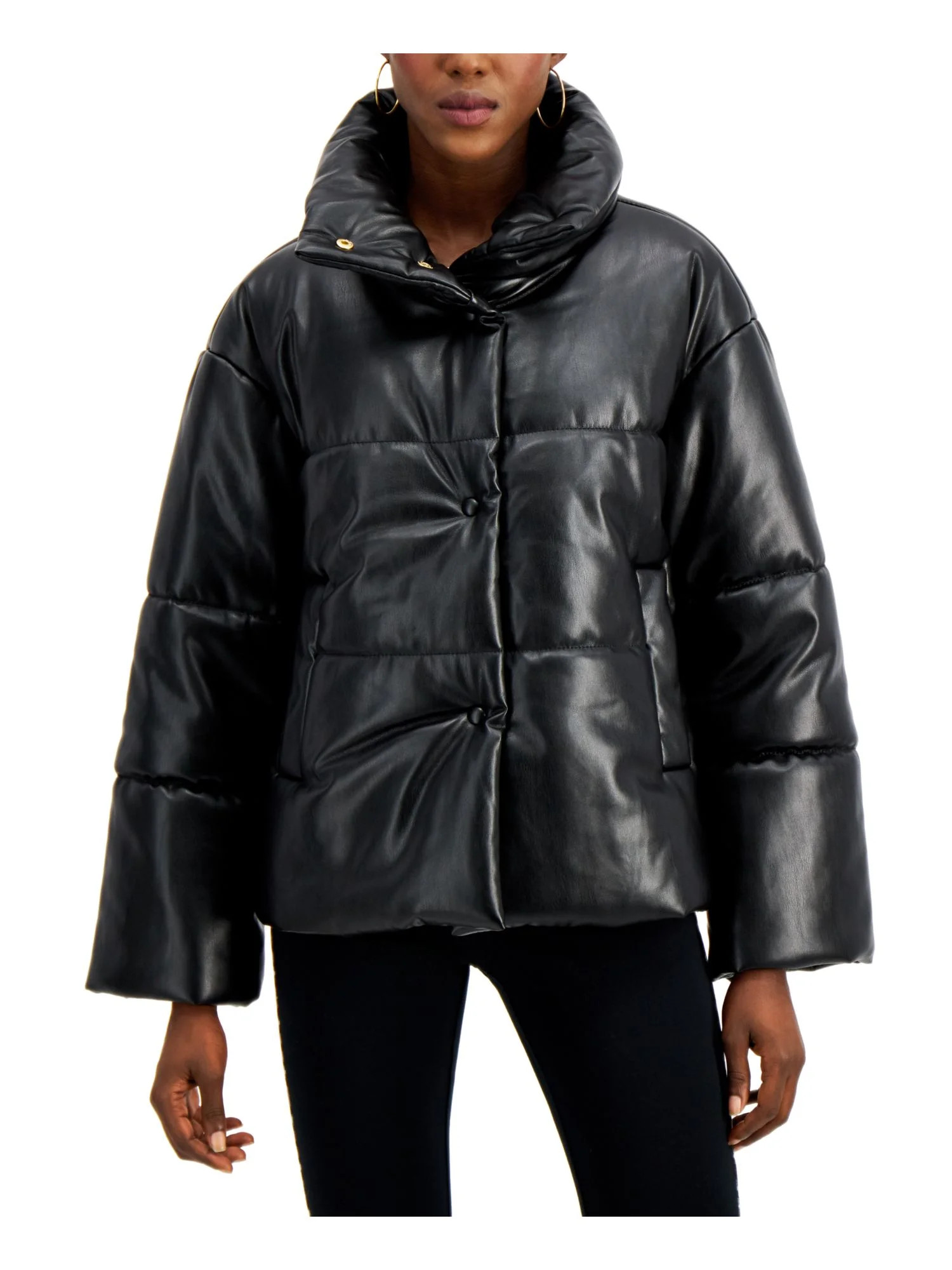 I-N-C Womens Faux Leather Puffer Jacket, Black, X-Large | Walmart (US)