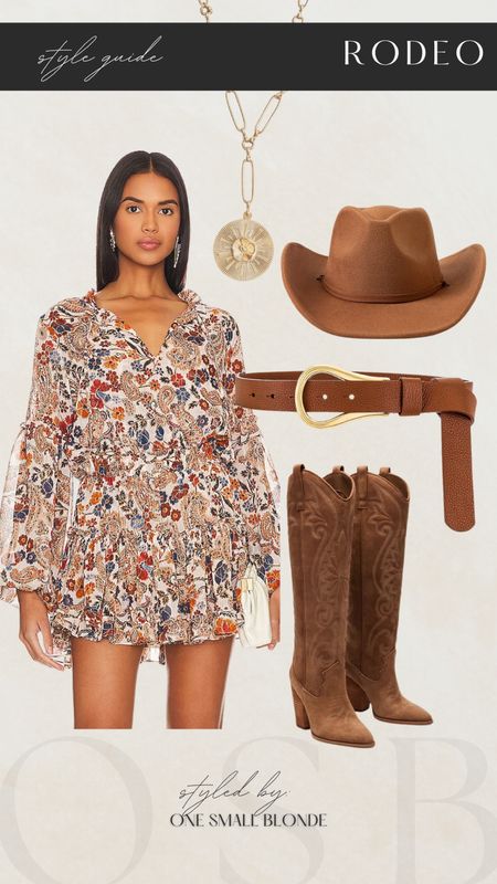 Rodeo outfit style idea 🖤 floral MISA mini dress on sale, western hat, brown belt, brown boots and gold necklace  

#LTKsalealert #LTKstyletip #LTKSeasonal