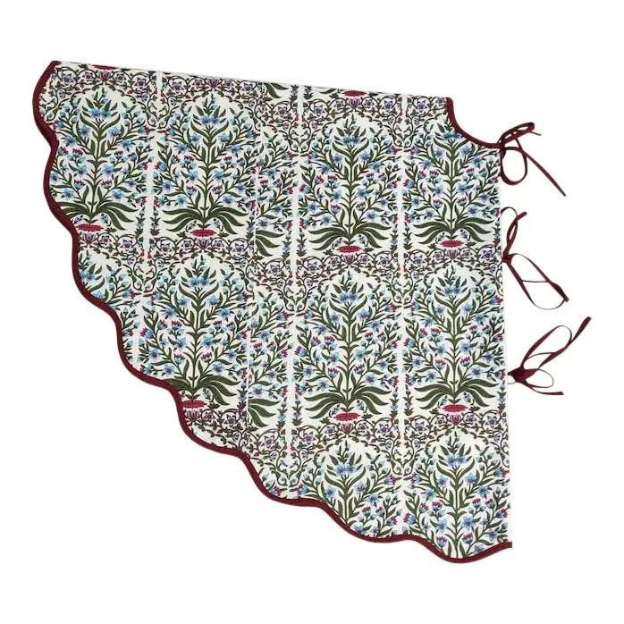 Handmade Scalloped Christmas Tree Skirt with Burgundy Piping | Chairish