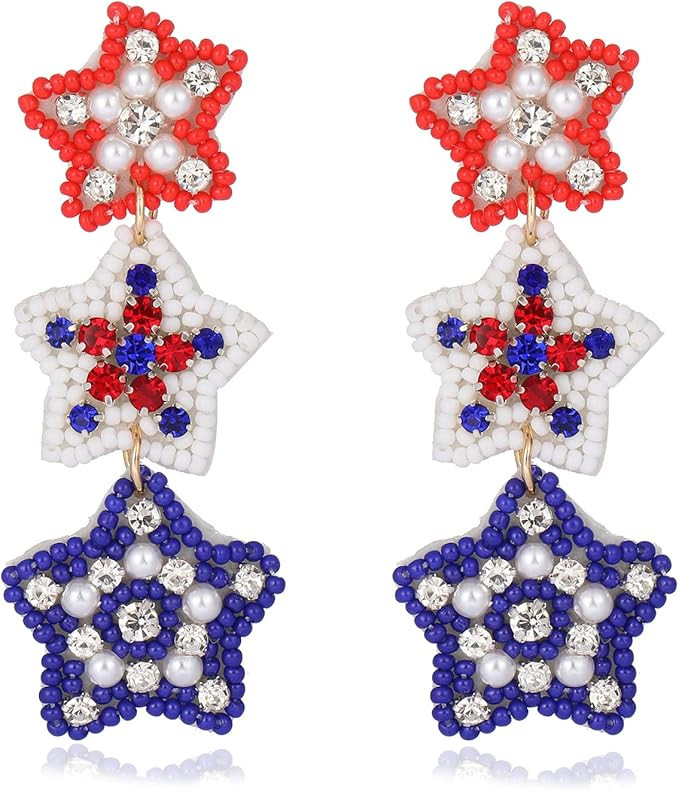 4th of July Earrings for Women,American Flag Patriotic Beaded Earrings Dangle Red White Blue Earr... | Amazon (US)