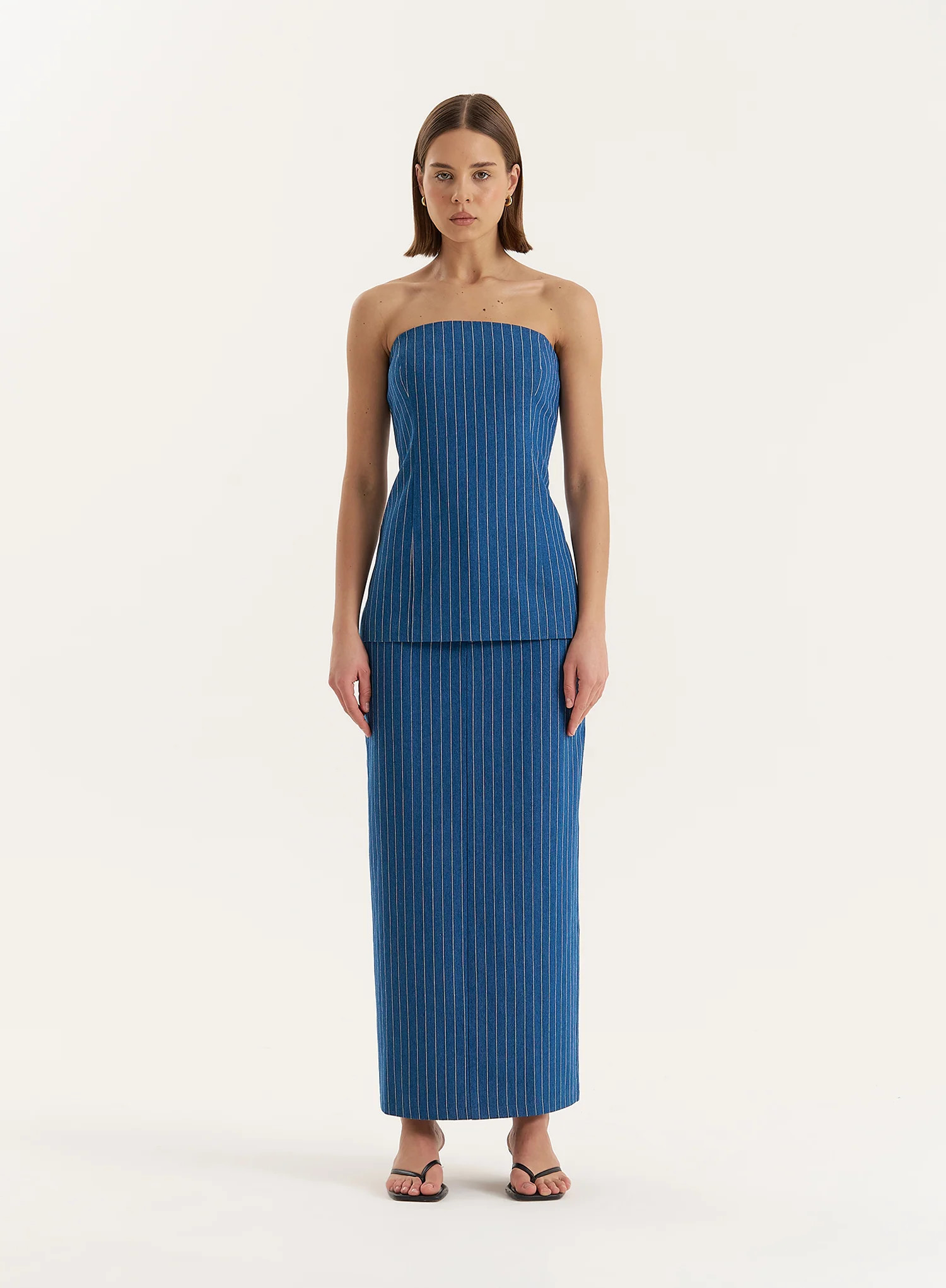 Blue Pinstripe Tailored Denim Maxi Skirt- Dionne | 4th & Reckless