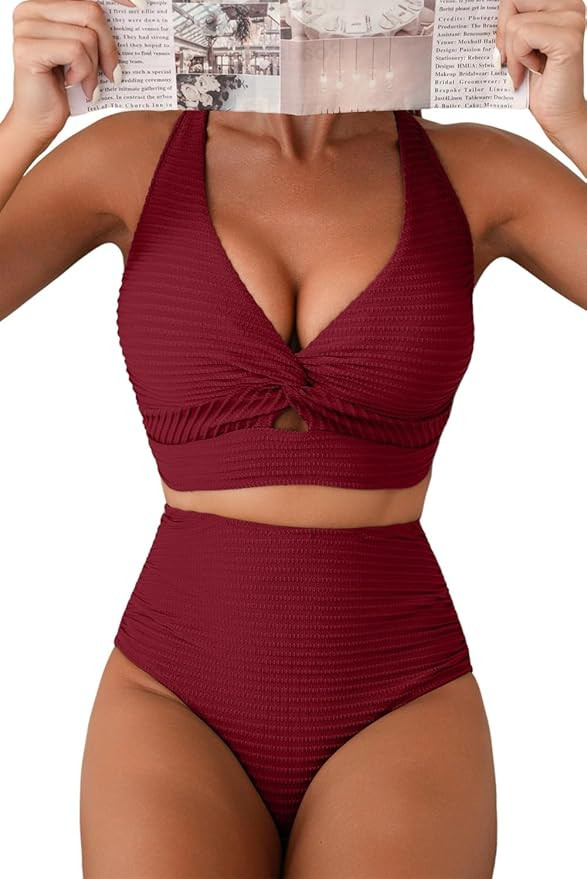 Herseas Women's Textured Bikini Sets Twist Front Top Swimsuits High Waisted Bathing Suits | Amazon (US)