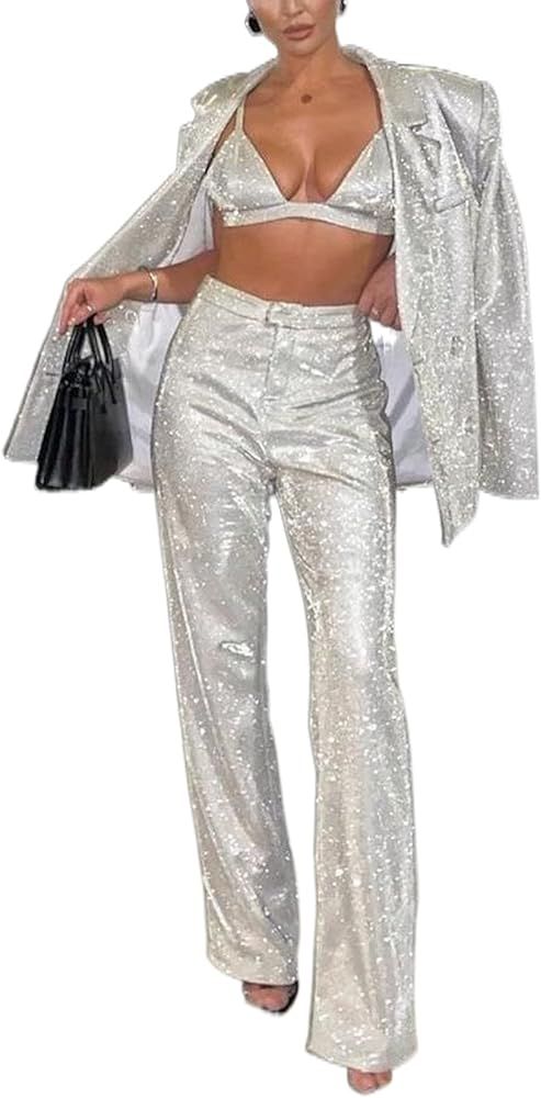 Women Sparkle Outfits Sequin Long Sleeve Blouse Shirt Top Glitter Long Loose Pants Bling Party Clubw | Amazon (US)