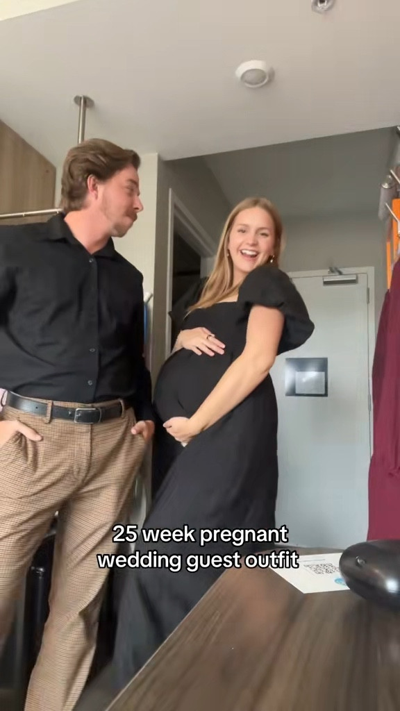 Another one of our favorite wedding guest outfits! Perfect for maternity or pre/post bump! 🫶🏻 my black dress is from solaithelabel (French Rivera linen dress) but they don’t link on here. I have the EXACT same dress in pink from worth collective so I tagged all of their colors below! They are also cheaper! And we are both wearing a size M in everything. 25 weeks pregnant. 

#LTKBump #LTKMens #LTKWedding