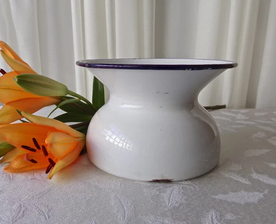 Vintage Enamelware Spittoon White With Black Trim Cuspidor | Etsy (US)