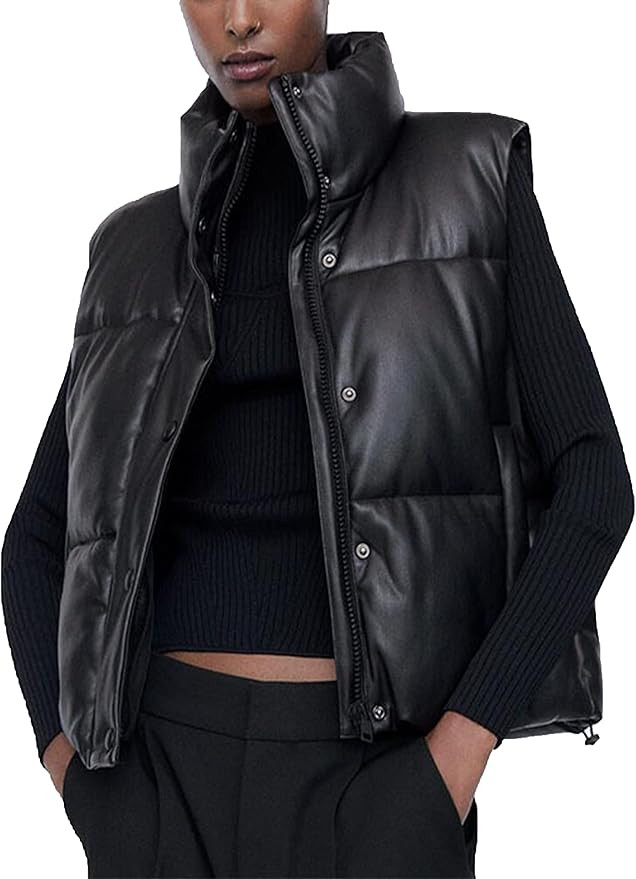 HangNiFang Faux Leather Puffer Vest for Women Winter Warm Padded Jacket Vest Waistcoat | Amazon (US)