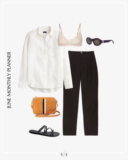 Monthly outfit planner JUNE: Spring & Summer looks | linen button up, pull on pant, camera bag, slide sandals, bralette 

See the entire calendar on thesarahstories.com ✨ 


#LTKStyleTip