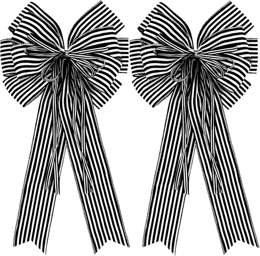 2 Pack Black White Stripe Halloween Fall Bows for Wreaths,12”x20”Black and White Christmas De... | Amazon (US)