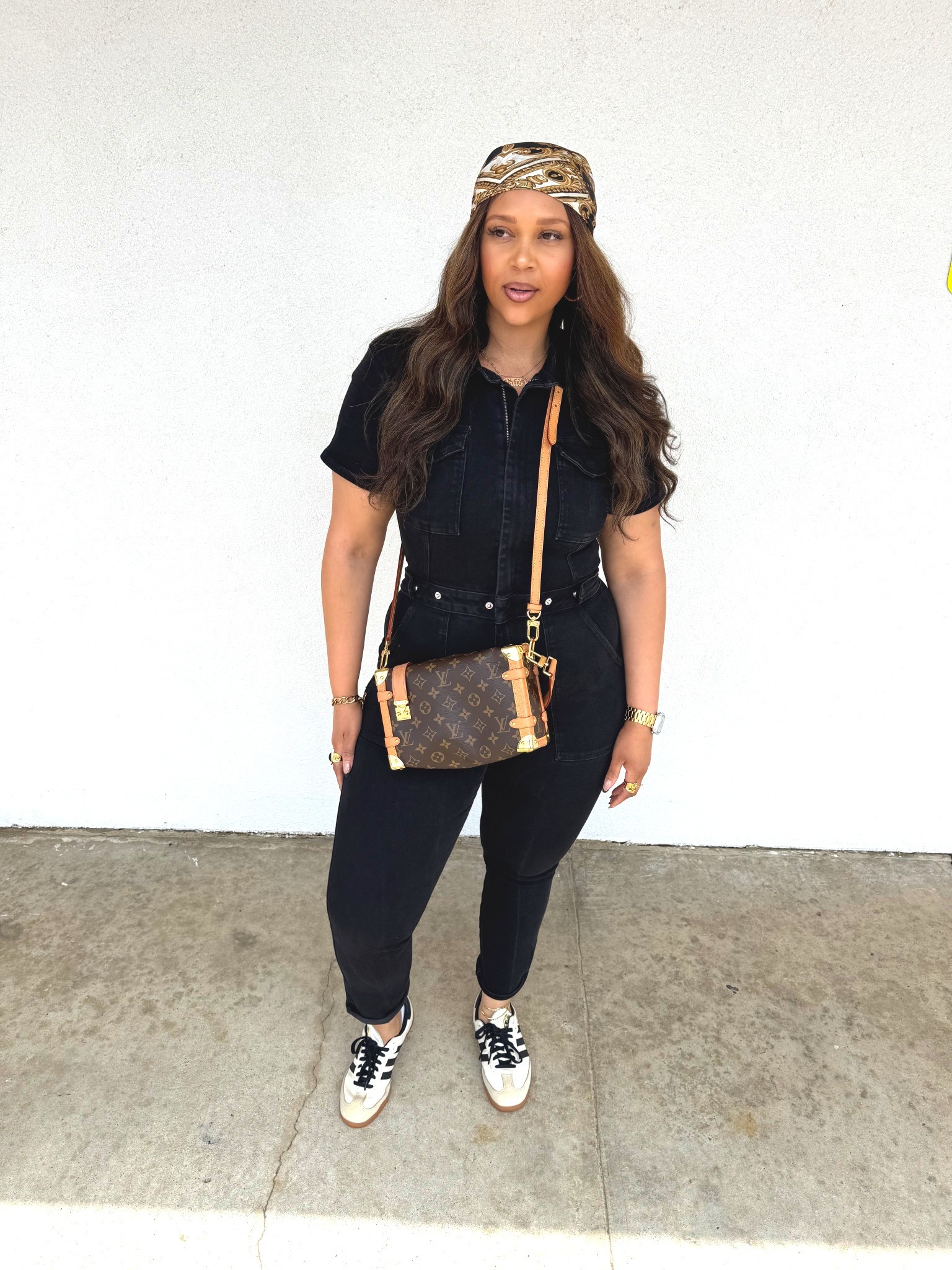 Good American jumpsuit X Louis Vuitton crossbody X Adidas sneakers 
