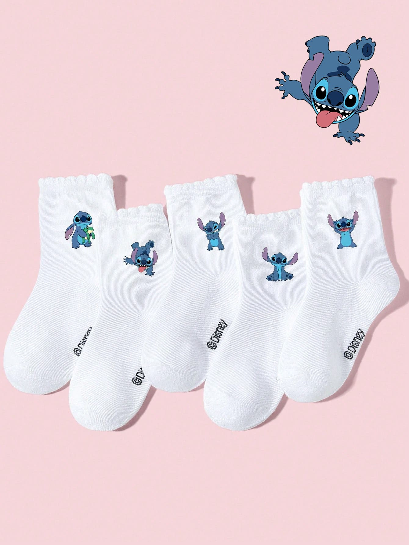 Disney 1/5/10 Pairs Stitch Print Lace Trim Socks For Kids/Girls, White, Spring/Summer. Cute, Funn... | SHEIN