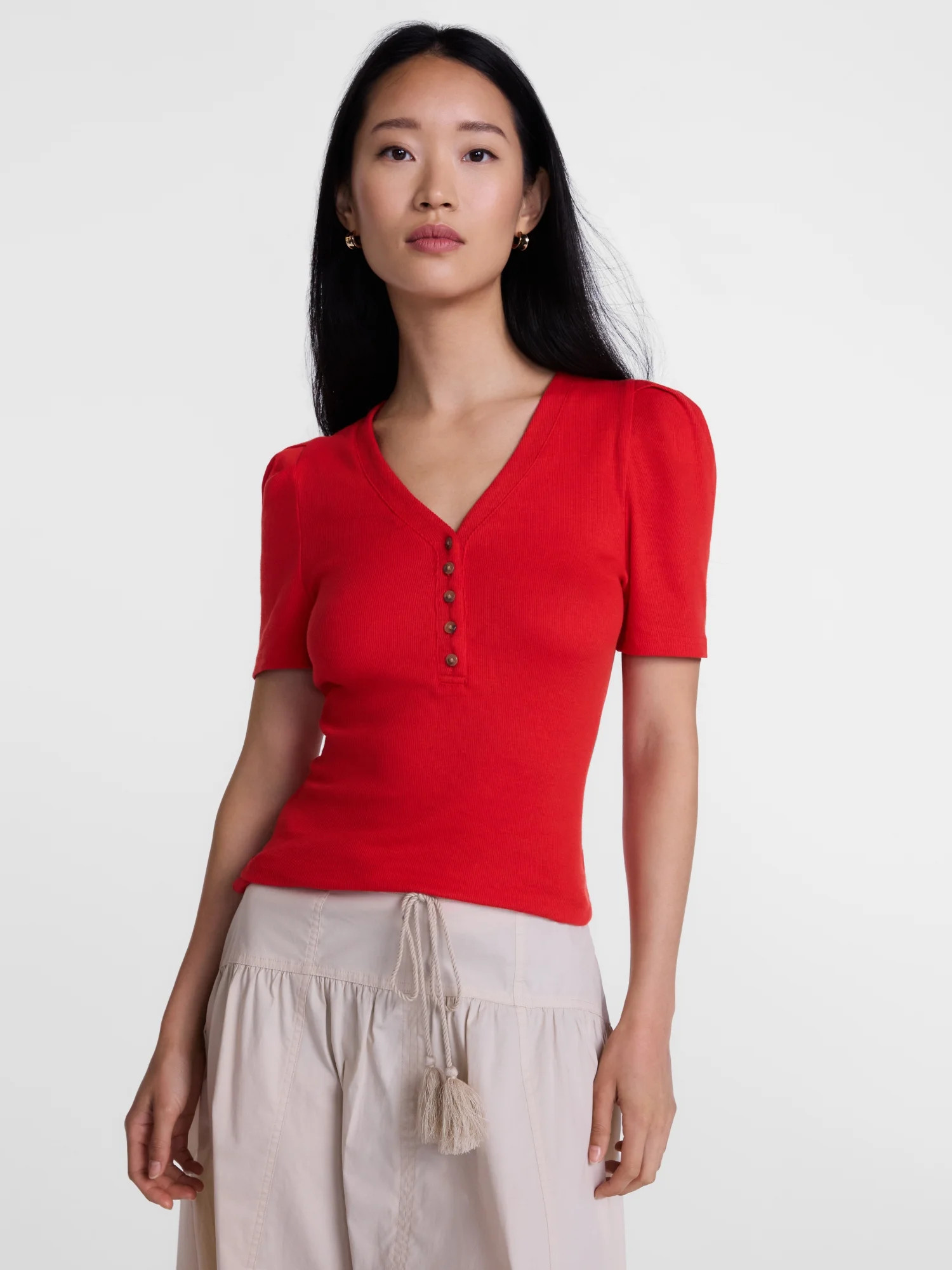 Scenario Women's V-Neck Henley Top with Short Puff Sleeves, Sizes XS-XXXL | Walmart (US)