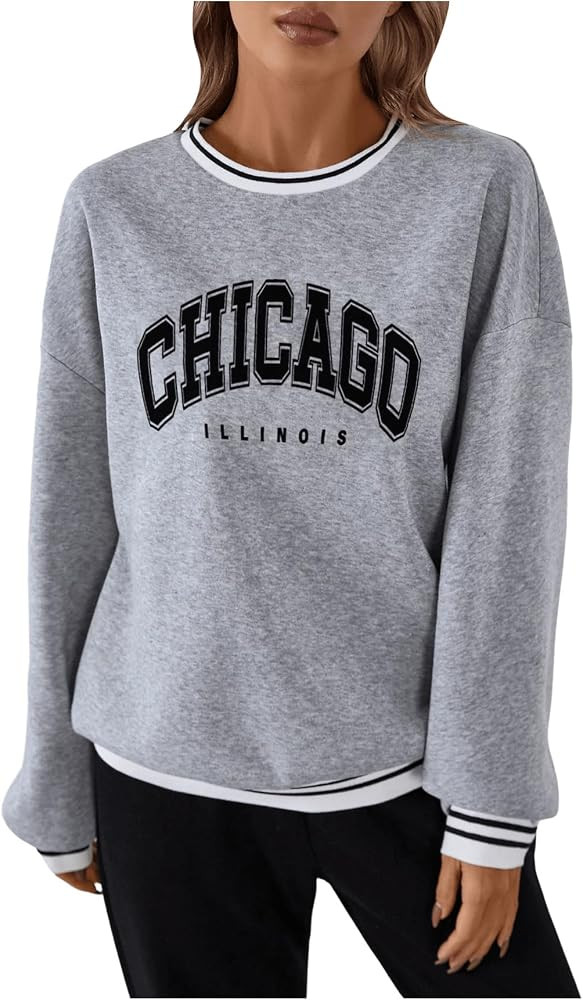 GORGLITTER Women's Striped Trim Letter Graphic Sweatshirt Long Sleeve Crewneck Pullover Tops | Amazon (US)