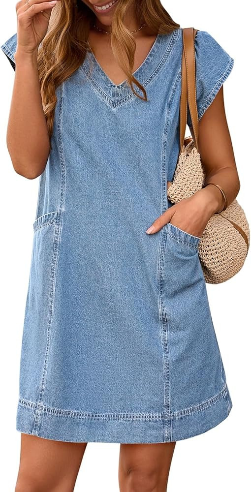 Pink Queen Womens Denim Dress Summer V Neck Short Sleeve Loose Casual Jean Dresses with Pockets | Amazon (US)