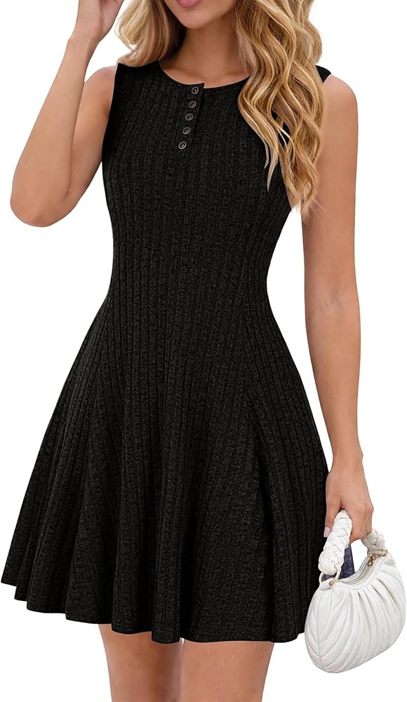 Lazysmile Summer Sleeveless Dresses for Women Crewneck Button Down Ribbed Knit A Line Casual Shor... | Amazon (US)